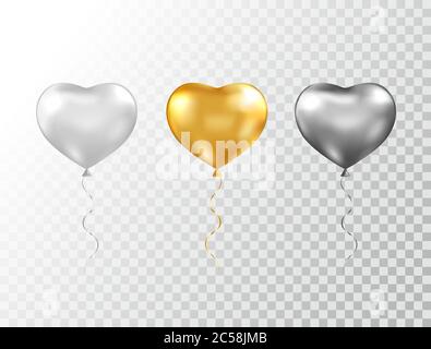 Helium heart balloons set isolated on transparent background. Foil glossy gold, silver and black festive balloons. Baloon for anniversary. Vector Stock Vector