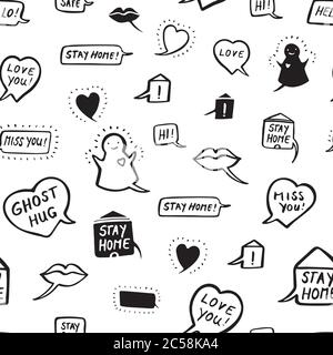 Vector social distancing comic style doodle line art pattern, greeting card, hand lettering, cartoon style. Cute doodle line art style. Hand written modern brush lettering white background isolated vector element Stock Vector