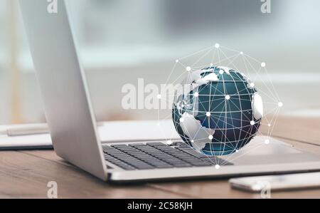 Collage with laptop computer and planet surrounded by global network Stock Photo