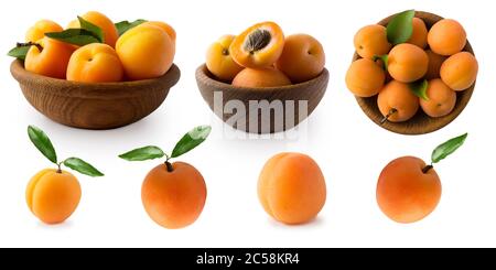 Ripe apricots isolate on a white. Two bowls with apricots with leaves isolated on white background. Ripe apricots with copy space for text. Fruit on w Stock Photo