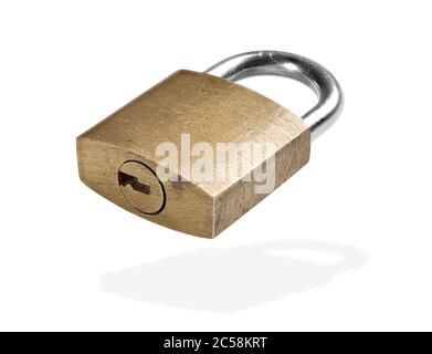 Locked Old Golden Padlock isolated on white background with clipping path Stock Photo