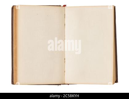 Opened old book with blank pages isolated on white. Top view Stock Photo