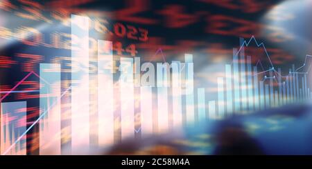 Digital economy concept. Stock exchange data with graphs and numbers on blurred background, double exposure Stock Photo