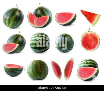 Watermelon and slice isolated on white background. Sweet and juicy fruit with copy space for text. Ripe watermelon close-up. Set of watermelons on whi Stock Photo