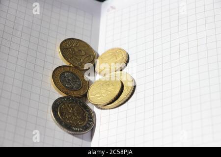 Money counting concept, saving and investment. Euro coins put on open copybook closeup Stock Photo