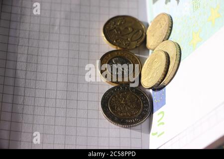 Money counting concept, saving and investment. Euro coins put on open copybook closeup Stock Photo