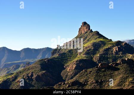A beautiful view on the Roque Bentayga landmark and one from symbol of Gran Canaria at sunset light, Canary islands, Spain Stock Photo