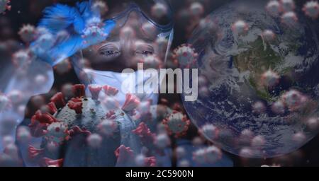 Covid-19 cells against globe and scientist in background Stock Photo