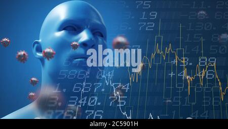 Covid-19 cells and stock market data processing against 3D human head model wearing face mask Stock Photo