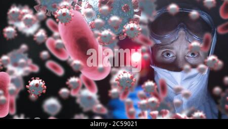 Covid-19 cells against scientist wearing face mask Stock Photo