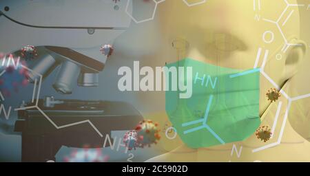 Covid-19 cells and chemical structures against microscope in background Stock Photo