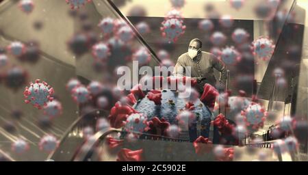 Covid-19 cells against man wearing face mask using escalator background Stock Photo
