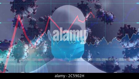 Covid-19 cells and stock market data processing against 3D human head model wearing face mask Stock Photo
