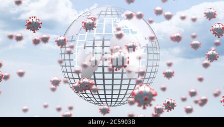 Covid-19 cells and globe against sky in background Stock Photo