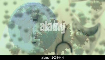 Covid-19 cells against globe in background Stock Photo