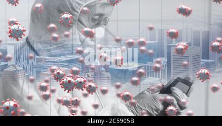 Covid-19 cells and scientist wearing protective clothes against cityscape Stock Photo