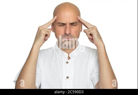 40 years old bald man with headache. Isolated on white Stock Photo