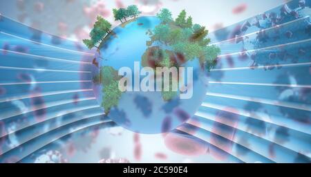 Covid-19 cells against trees growing on the globe Stock Photo