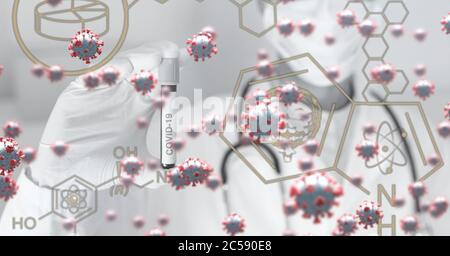 Covid-19 cells and chemical structures against scientist holding a test tube Stock Photo