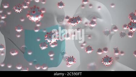 Covid-19 cells against 3D human head models Stock Photo