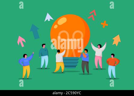 Flat People with Big Light Bulb Idea. Innovation, Brainstorming, Creativity Concept. Characters Working Together on new Project. New idea or Startup. Vector illustration Stock Vector