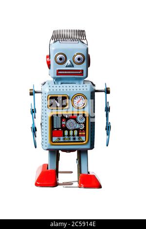 cheap toy robot isolated on white Stock Photo