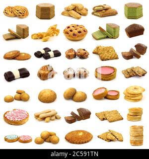 collection of freshly baked buns,cookies,cakes and bread on a white background Stock Photo