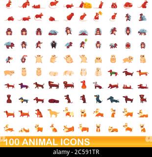 100 animal icons set. Cartoon illustration of 100 animal icons vector set isolated on white background Stock Vector