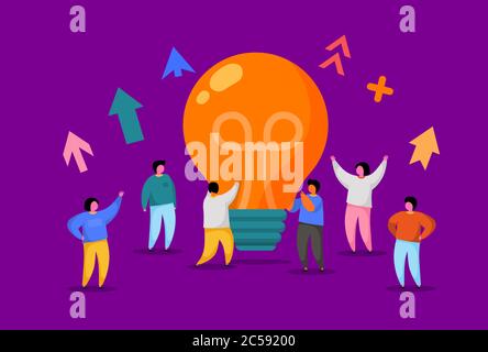 Flat People with Big Light Bulb Idea. Innovation, Brainstorming, Creativity Concept. Characters Working Together on new Project. New idea or Startup. Vector illustration Stock Vector