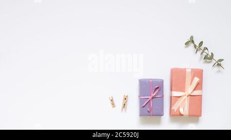 Gift boxes on white background. top view, copy space Stock Photo