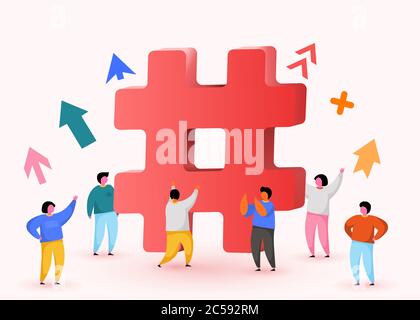 Hashtag sign. Concept of hashtag for social media marketing advertising, blogging, media planning, promotion in social network with group of happy people. Vector Stock Vector
