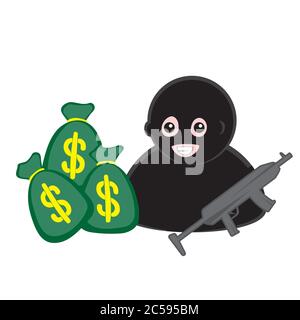 icon of a masked robber with a machine gun and bags of money on a white isolated background. Vector image Stock Vector