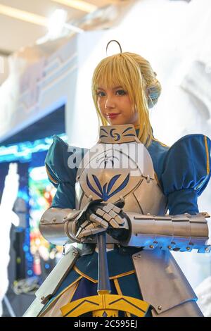 SHENZHEN, CHINA - APRIL 20, 2019: cosplay of the Fate/Grand Order 'Saber' character at Sony Expo 2019 in Shenzhen, China. Stock Photo