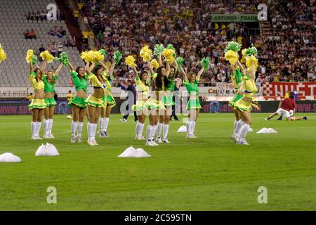 Split, Croatia - 17 August, 2005: Cheerleaders on the football playground performing during the friendly football game Croatia - Brazil in split 2005 Stock Photo