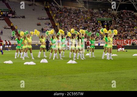 Split, Croatia - 17 August, 2005: Cheerleaders on the football playground performing during the friendly football game Croatia - Brazil in split 2005 Stock Photo