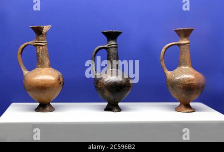 Three Cypriot opium jugs. Imported in Egypt. Baked clay. 18th dynasty ( 1550-1295 BC). Picchianti collection. Naples archaeological Museum. Stock Photo