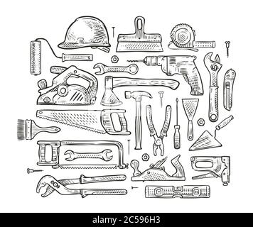 Building tools hand-drawn sketch. Construction vector illustration Stock Vector