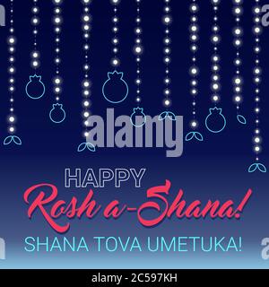 Rosh hashana card - Jewish New Year. Greeting text Shana tova on Hebrew - Have a sweet year. Vector illustration. Dark background with lights and pome Stock Vector