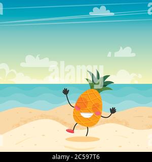 Summer time card with pineapple character, beach landscape, lettering and floral frame. Vector illustration in flat style Stock Vector