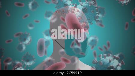 Covid-19 cells against 3D human head model wearing face mask Stock Photo