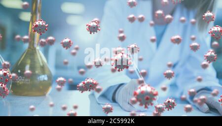 Covid-19 cells against doctor taking notes in background Stock Photo