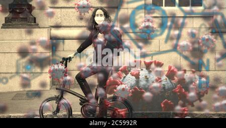 Covid-19 cells and chemical structures against woman wearing face mask riding a bicycle Stock Photo