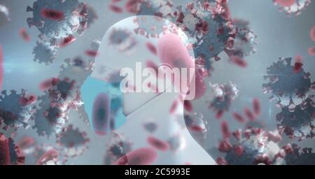 Covid-19 cells against 3D human head model wearing face mask Stock Photo