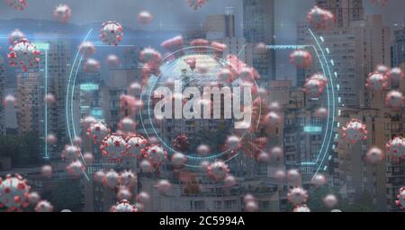 Scope scanning Covid-19 cells against cityscape Stock Photo