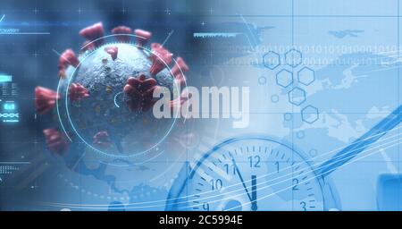 Scope scanning Covid-19 cells against clock and data processing Stock Photo