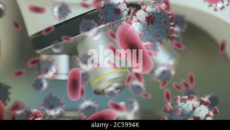 Covid-19 cells against microscope in background Stock Photo