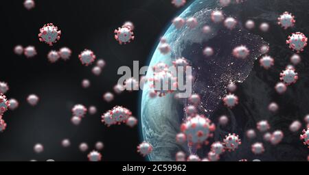 Covid-19 cells and globe against black background Stock Photo