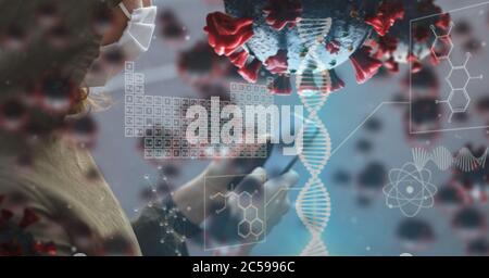 Covid-19 cells, DNA structure and periodic table against person using digital tablet Stock Photo