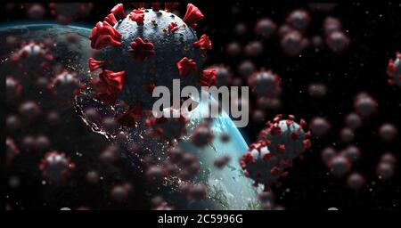 Covid-19 cells and globe against black background Stock Photo