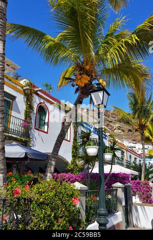 Street with white houses colonia shown in Puerto de Mogan, Spain.  Favorite vacation place for tourists and locals on island. Stock Photo